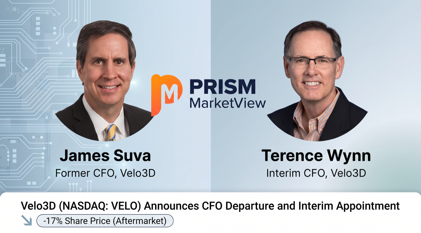 Meta description: Velo3D (NASDAQ: VELO) shares fell nearly 17% after CFO James Suva left. The board named consultant Terence Wynn interim CFO.