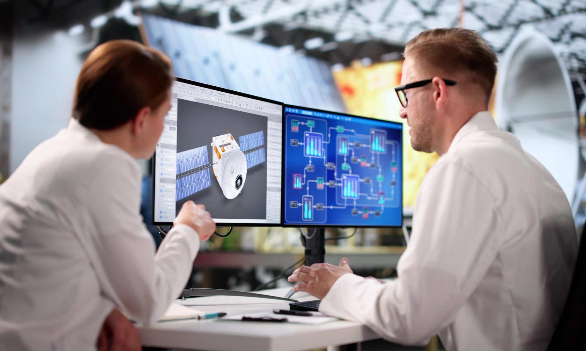 Engineers review a satellite design and technical systems on computer monitors at an aerospace facility.