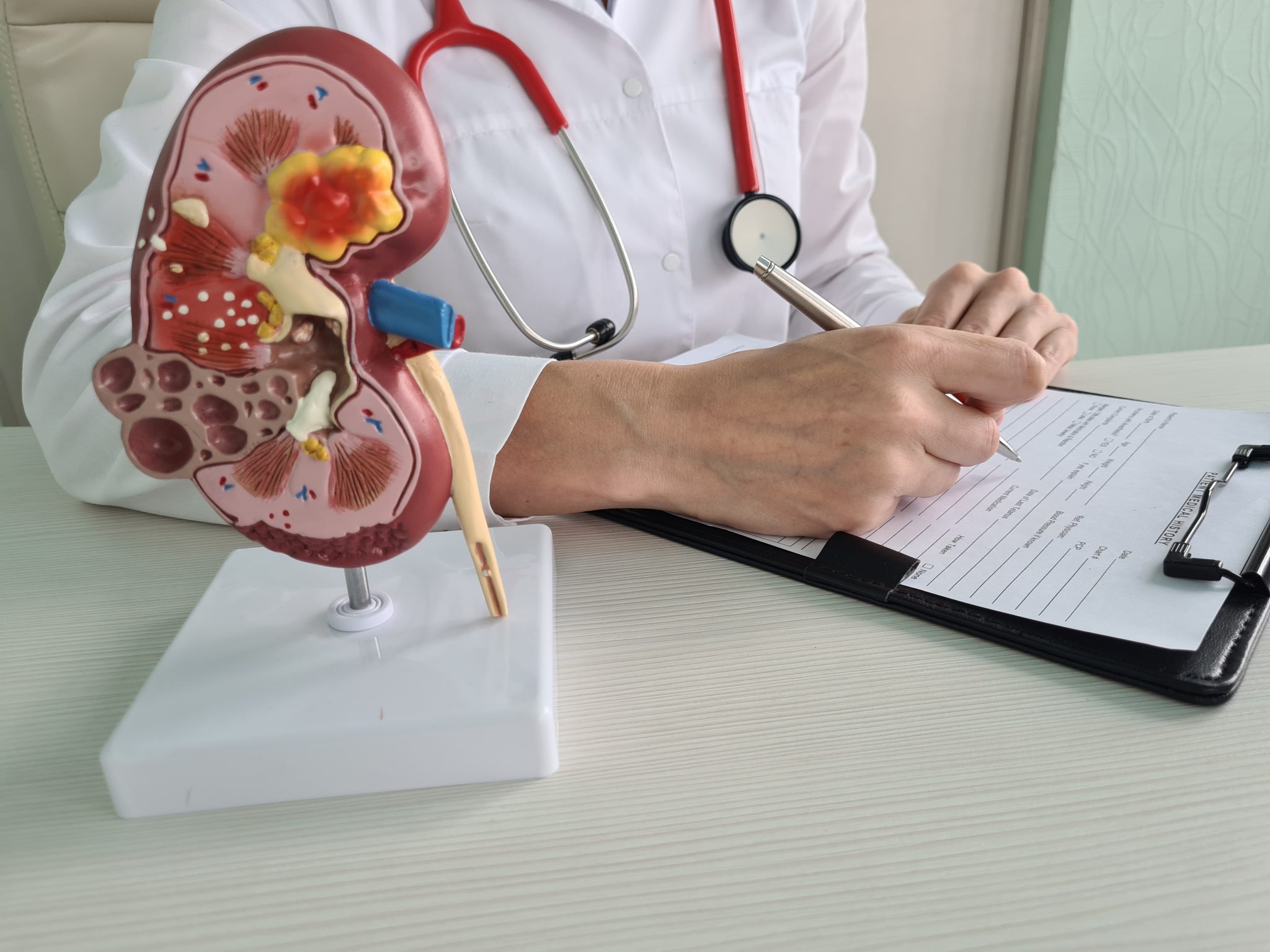 Medical professional reviewing patient records beside an anatomical kidney model, illustrating medical research, kidney function and investigational cancer therapies.