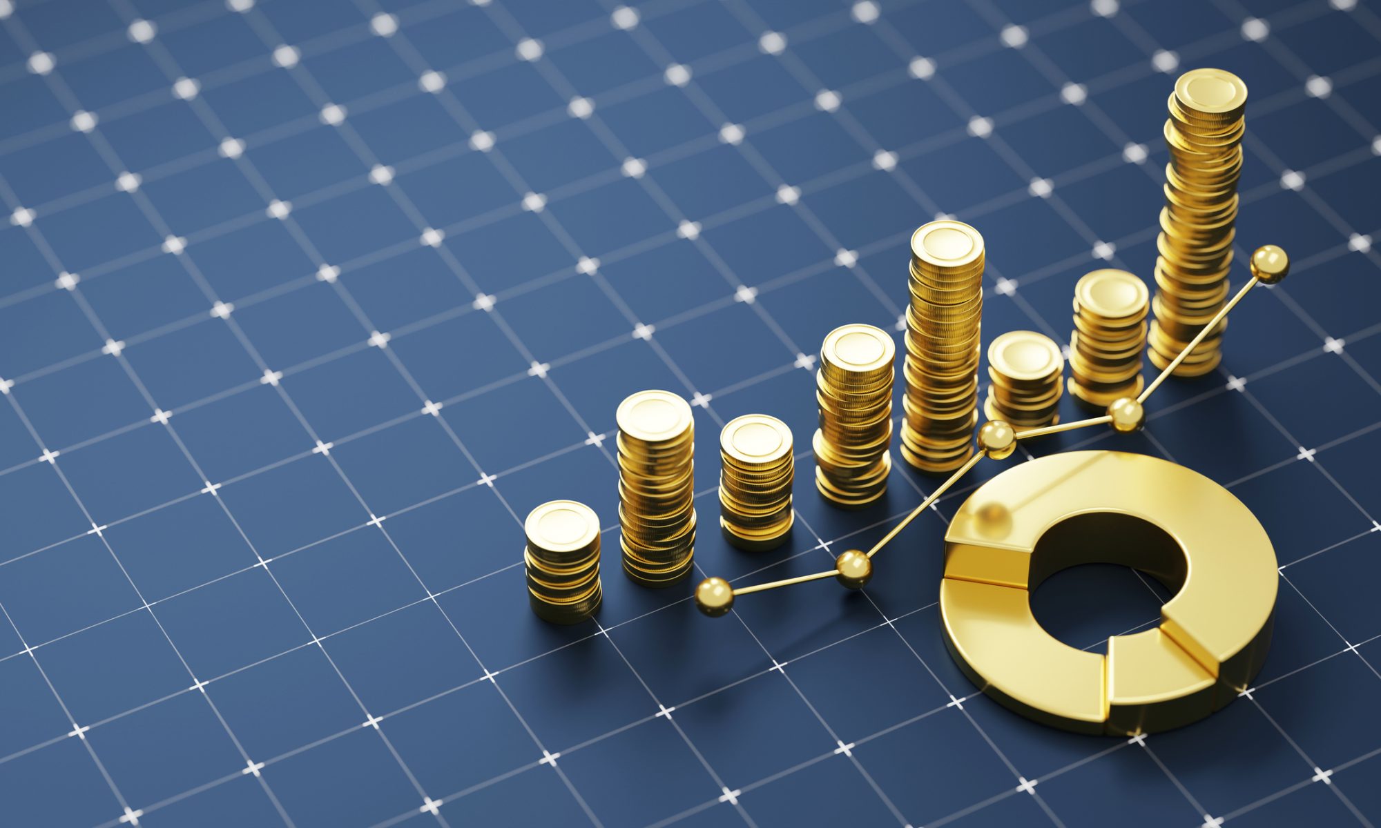 Stacks of gold coins, an upward-trending financial graph and a gold pie chart on a blue grid background, illustrating revenue growth and strong financial performance.