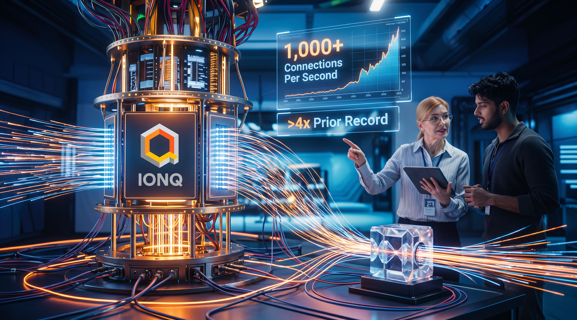 IonQ (NYSE: IONQ) linked a trapped-ion qubit to a quantum memory at 1,000+ connections per second, over 4x the prior record.