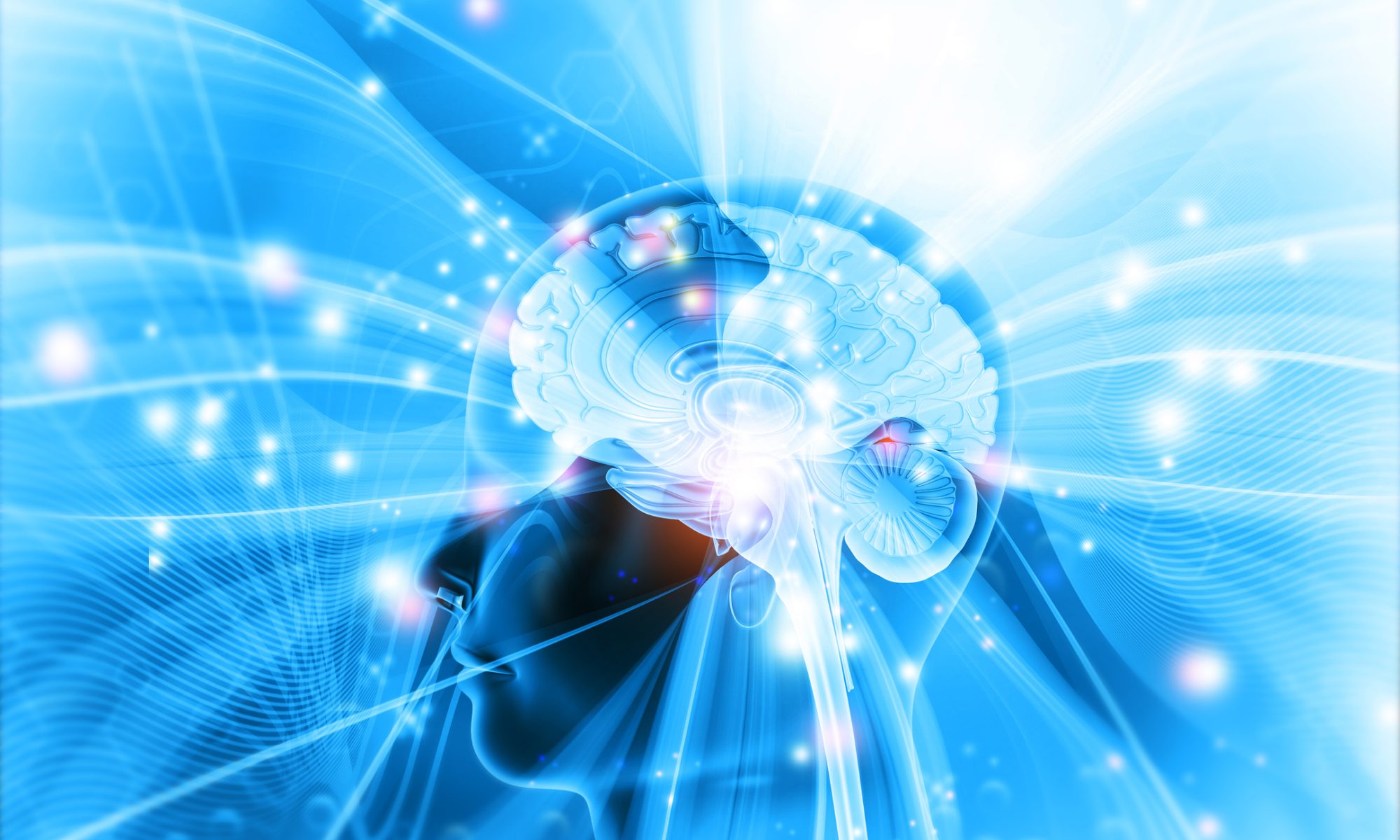 Digital illustration of a human brain with glowing neural connections and blue light waves, representing neuroscience research, brain activity monitoring and neurotransmitter sensing technology.