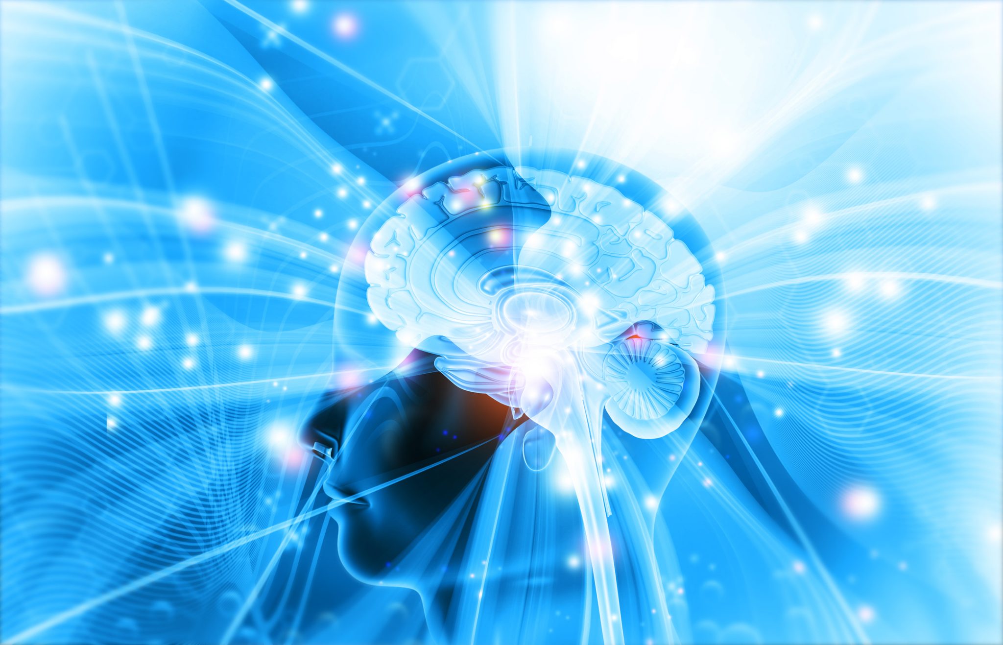 Digital illustration of a human brain with glowing neural connections and blue light waves, representing neuroscience research, brain activity monitoring and neurotransmitter sensing technology.