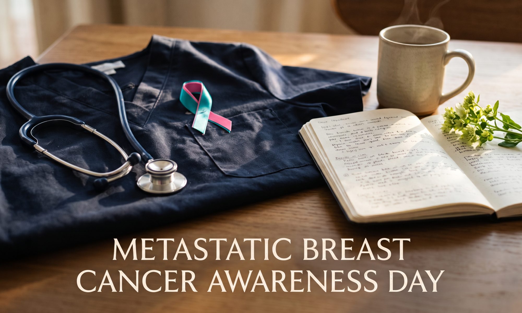 Teal and pink breast cancer awareness ribbon resting on medical scrubs beside a stethoscope, journal and coffee mug, commemorating Metastatic Breast Cancer Awareness Day.