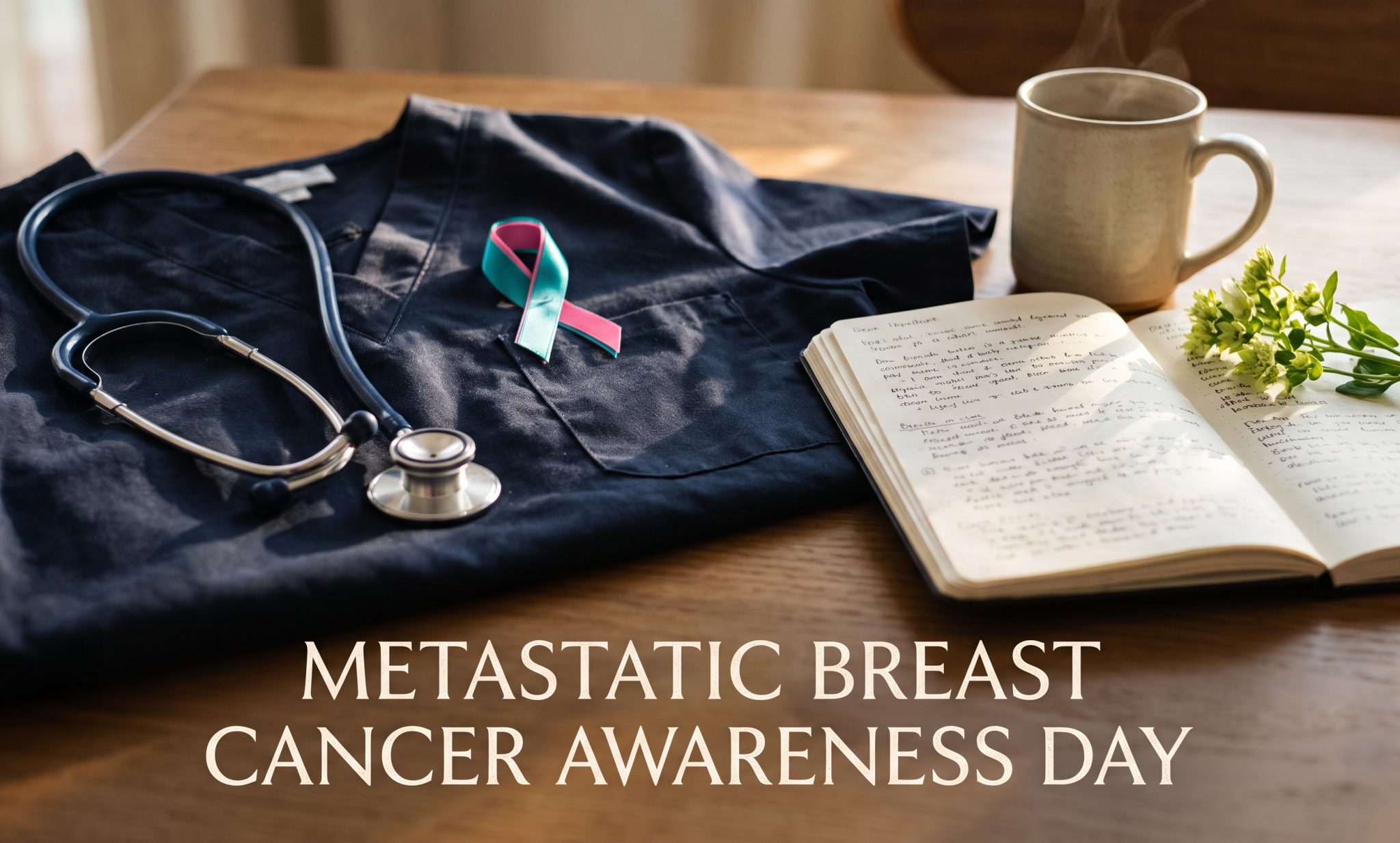 Teal and pink breast cancer awareness ribbon resting on medical scrubs beside a stethoscope, journal and coffee mug, commemorating Metastatic Breast Cancer Awareness Day.