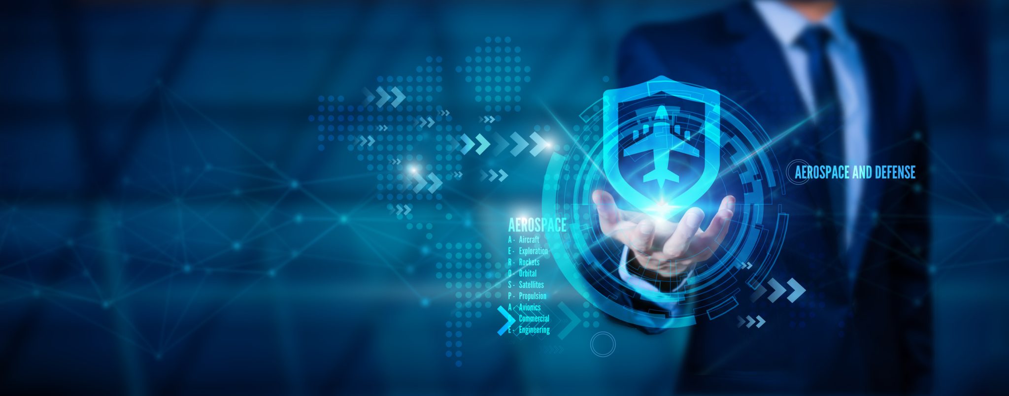 Business professional holding a digital aerospace and defense shield icon featuring an aircraft, with futuristic blue technology graphics and global network connections.