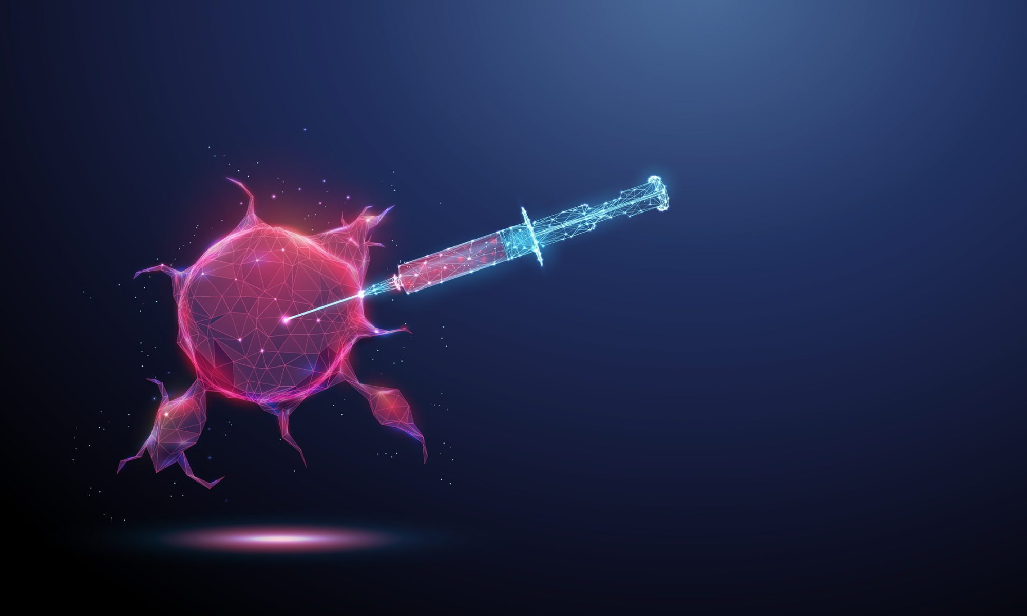 Digital illustration of a syringe injecting a glowing pink cancer cell, representing innovative cancer immunotherapy treatments and oncology research.