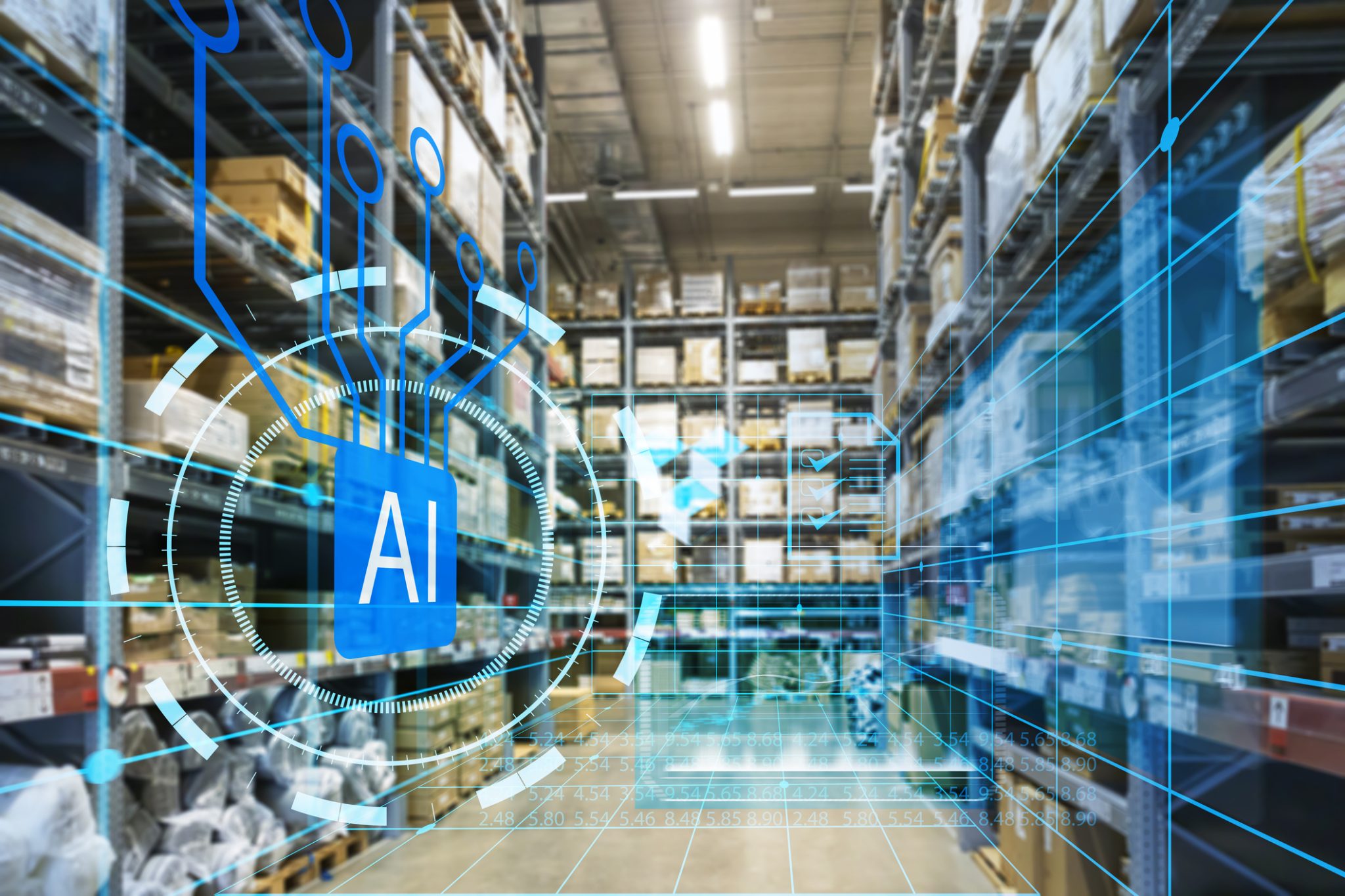 Warehouse filled with inventory shelves and boxes, overlaid with digital AI graphics representing artificial intelligence, supply chain automation and logistics optimization.