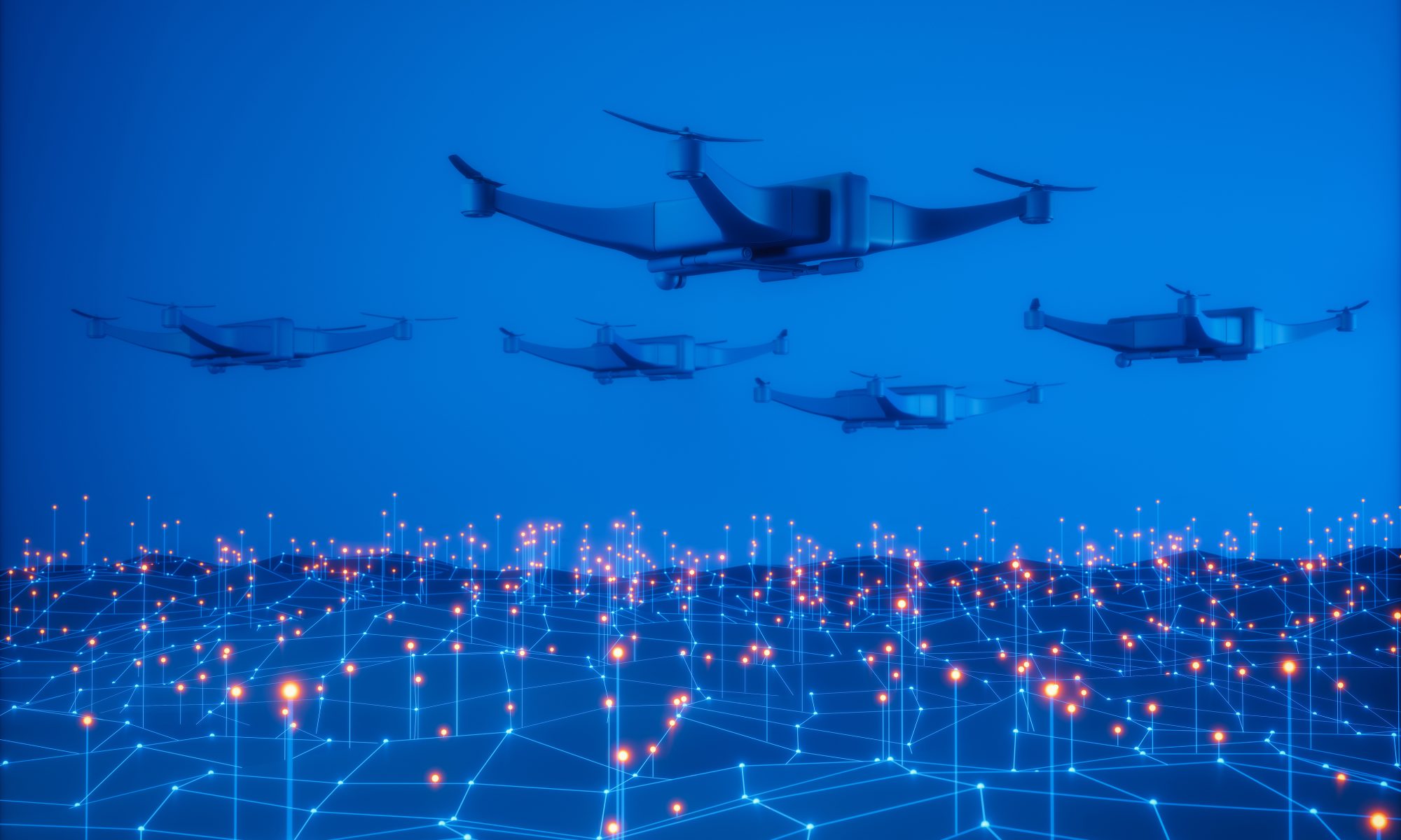 Illustration of multiple unmanned drones flying over a digital network grid, representing AI-powered aerial mapping, lidar technology and defense applications.