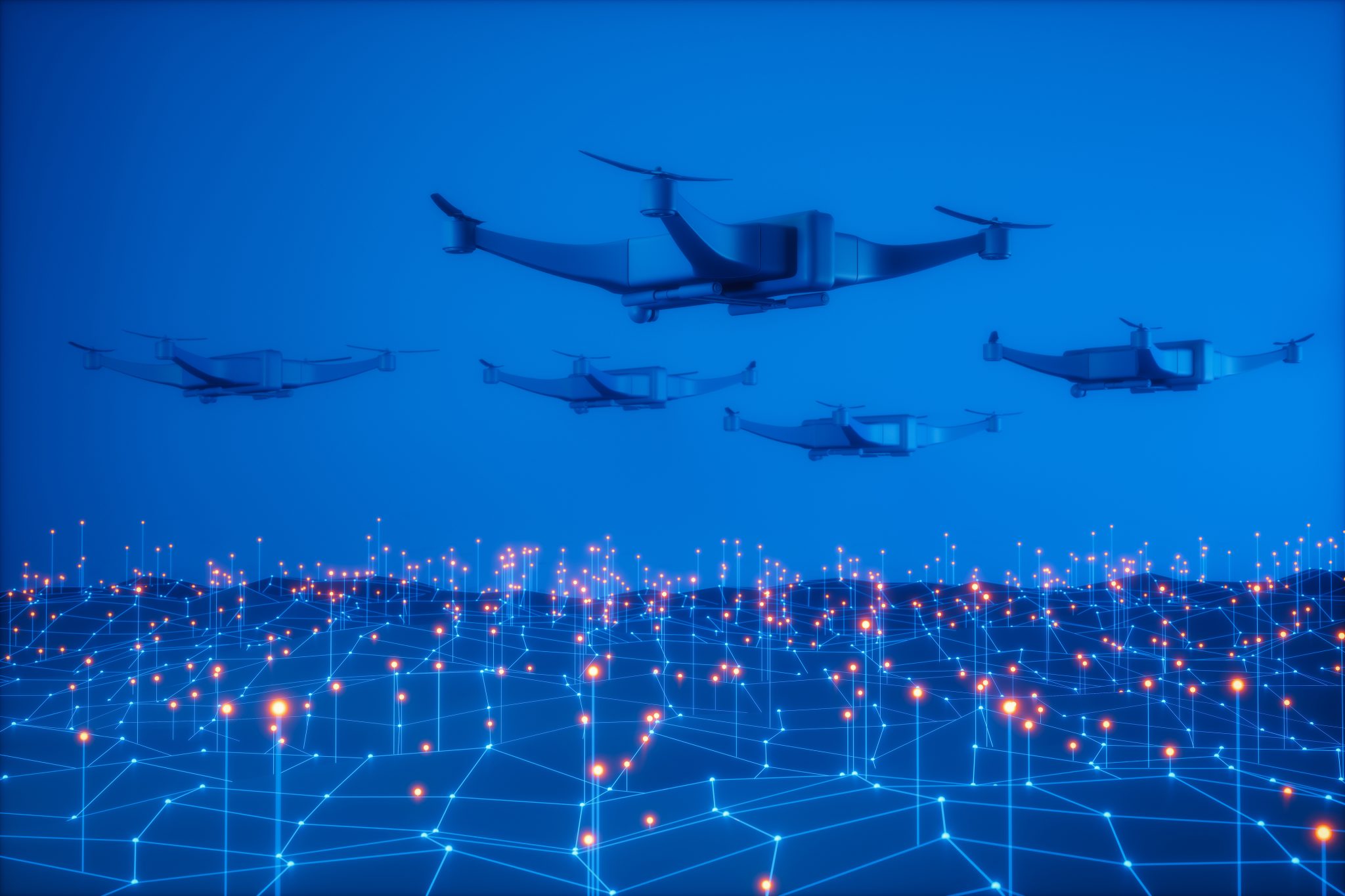 Illustration of multiple unmanned drones flying over a digital network grid, representing AI-powered aerial mapping, lidar technology and defense applications.