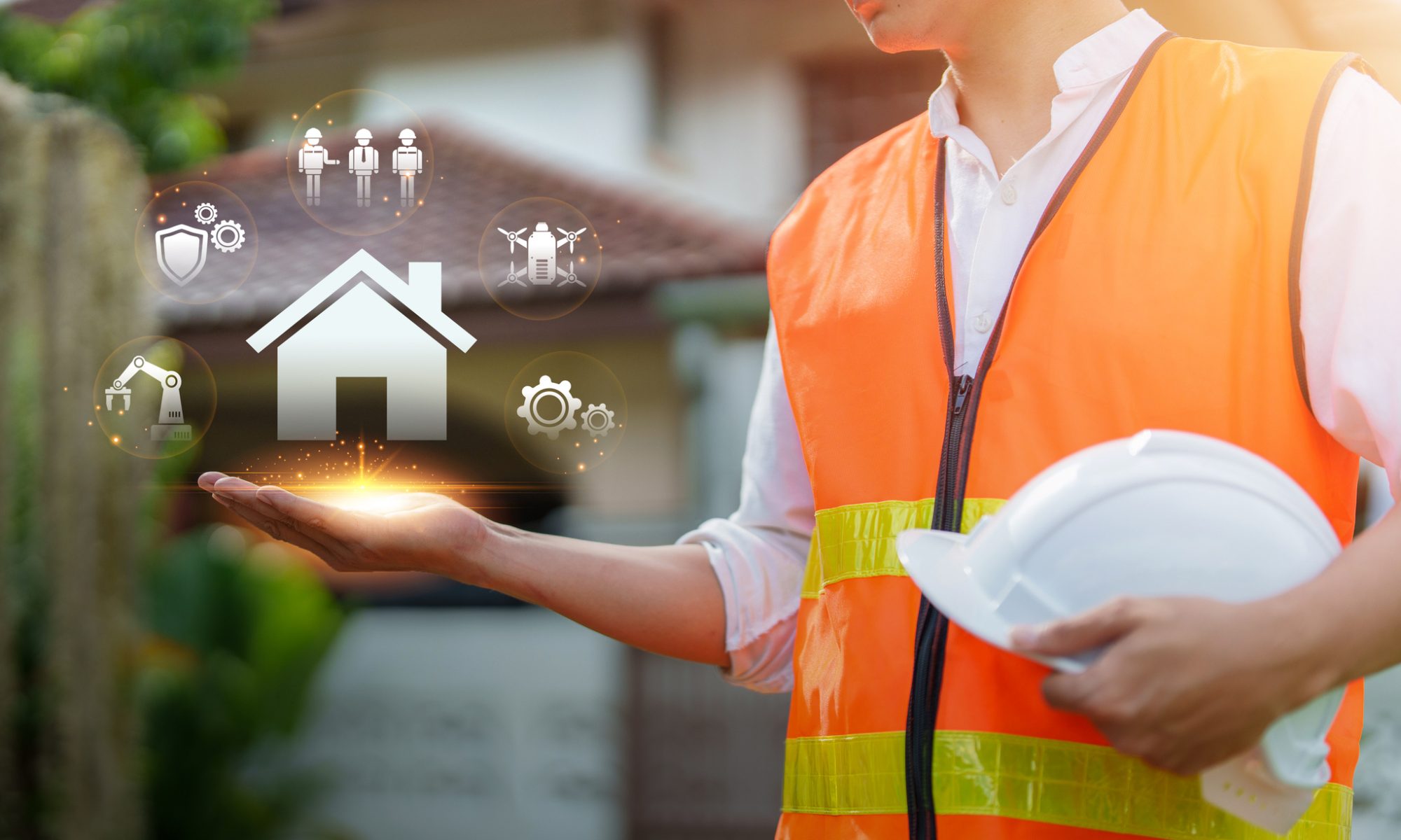 Construction professional wearing an orange safety vest and holding a hard hat, with digital smart-home and automation icons representing connected residential technology.