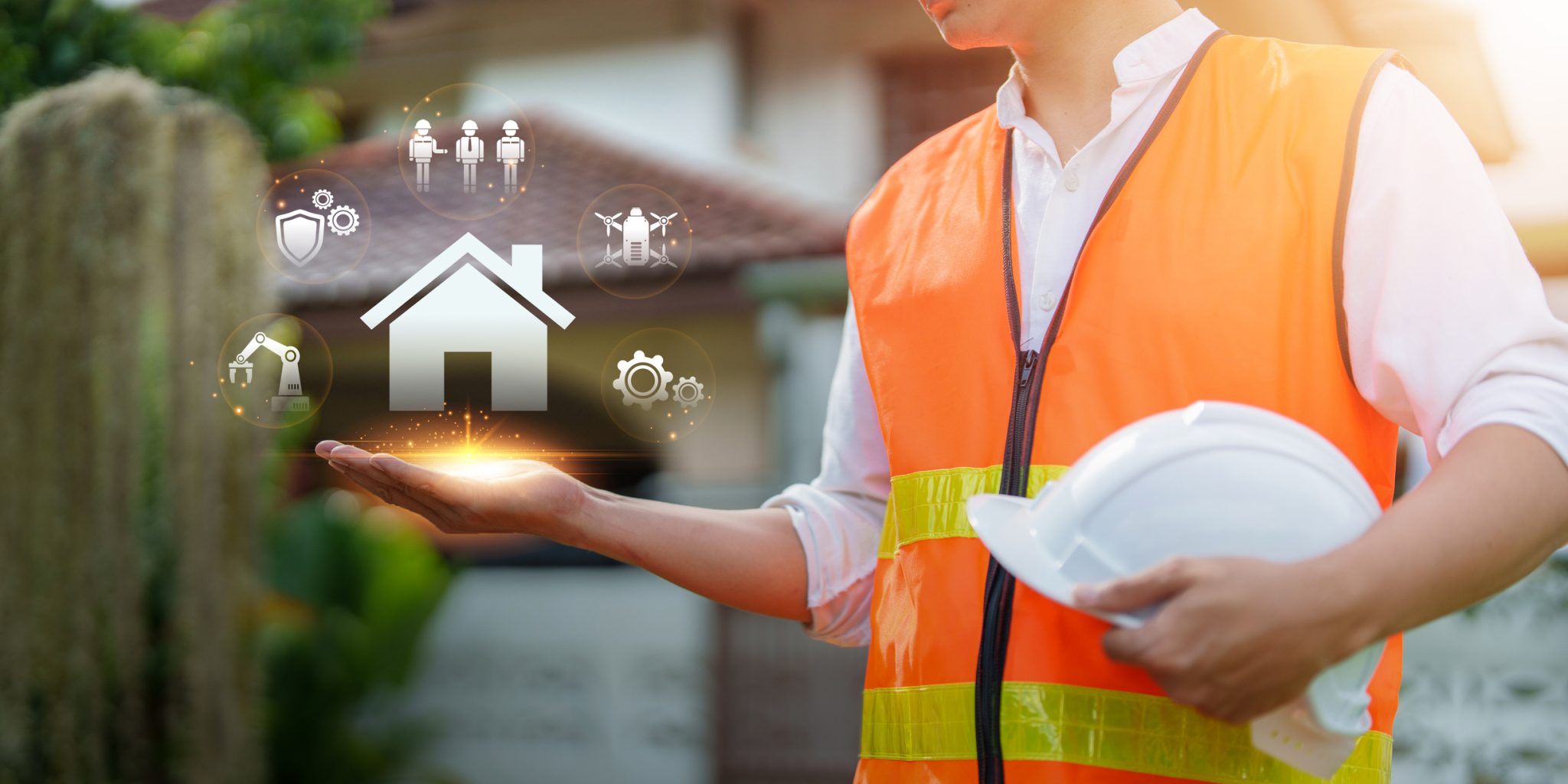 Construction professional wearing an orange safety vest and holding a hard hat, with digital smart-home and automation icons representing connected residential technology.