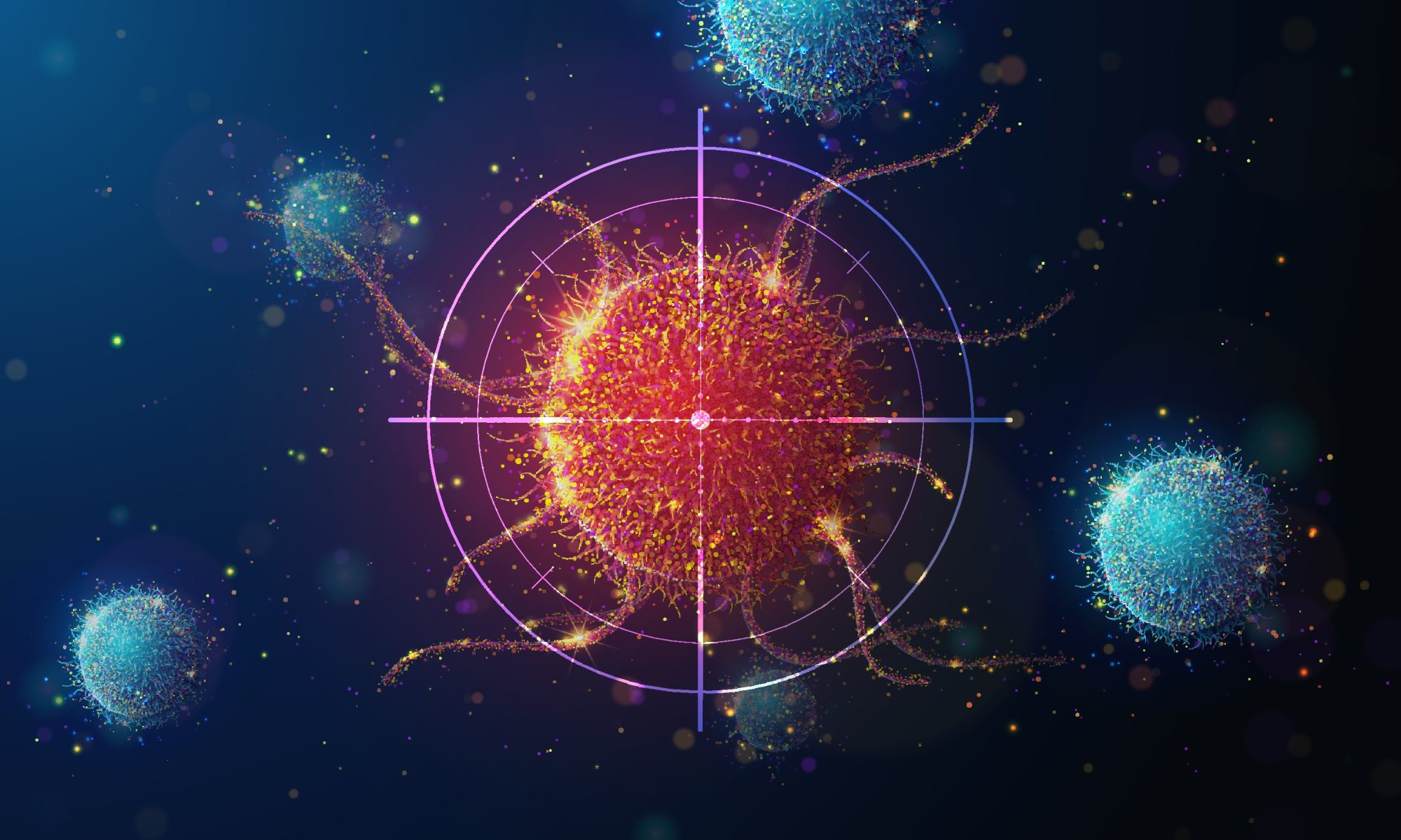 Digital illustration of cancer cells with a targeting crosshair highlighting a central tumor cell, representing BioLineRx and Hemispherian's GLIX1 combination therapy research for ovarian cancer.