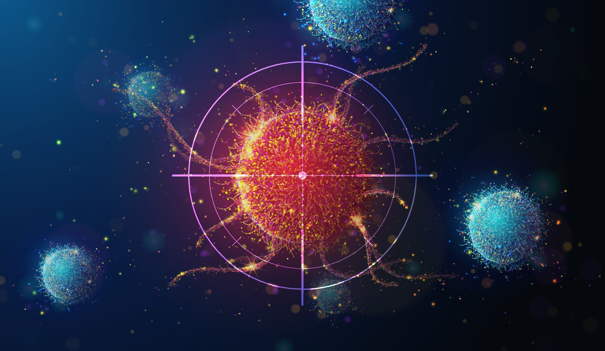 Digital illustration of cancer cells with a targeting crosshair highlighting a central tumor cell, representing BioLineRx and Hemispherian's GLIX1 combination therapy research for ovarian cancer.