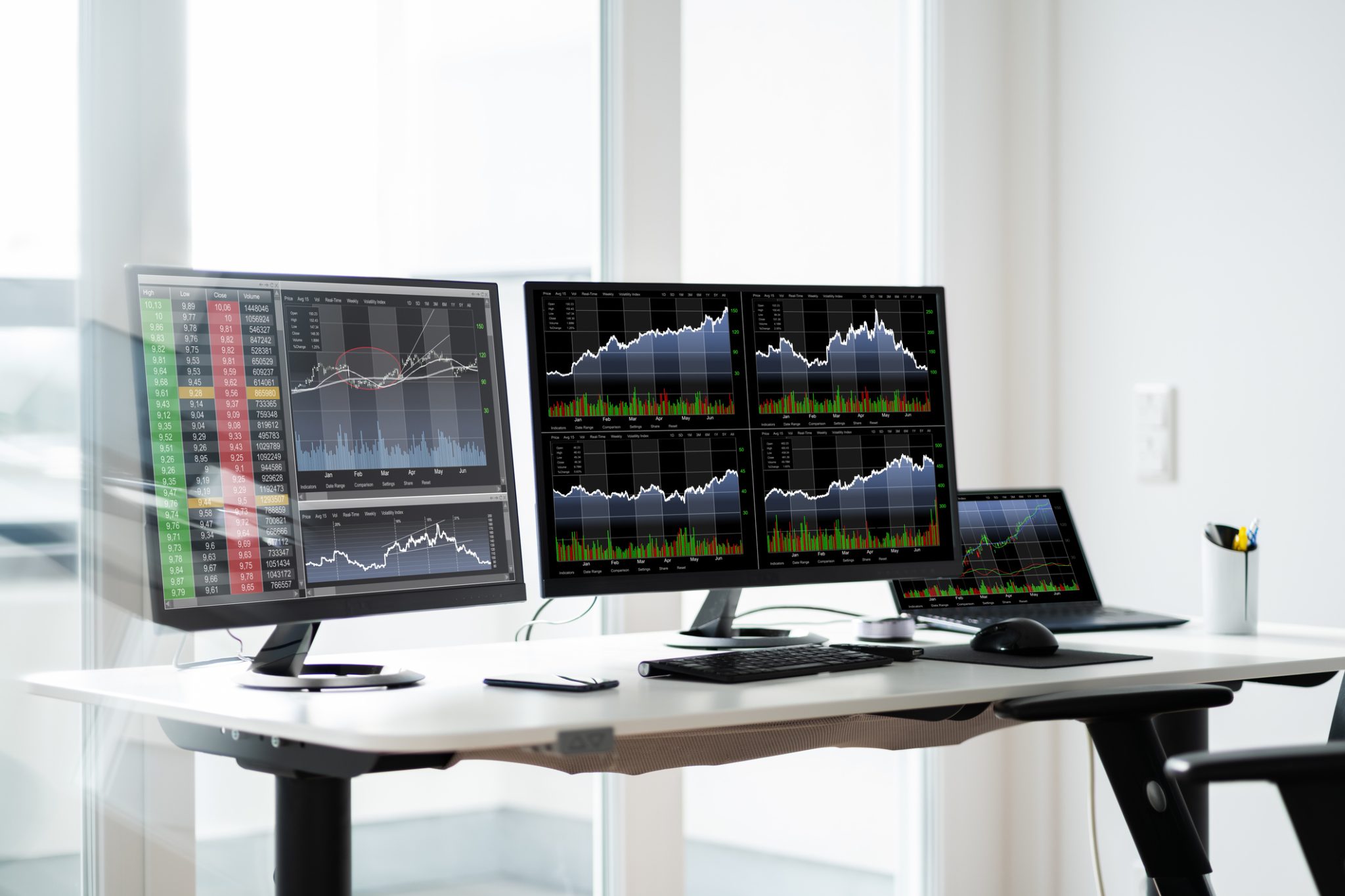 Modern stock trading workstation featuring multiple monitors displaying financial charts and market data, illustrating PRISM Mid-Day Movers in Cybersecurity and Healthcare.